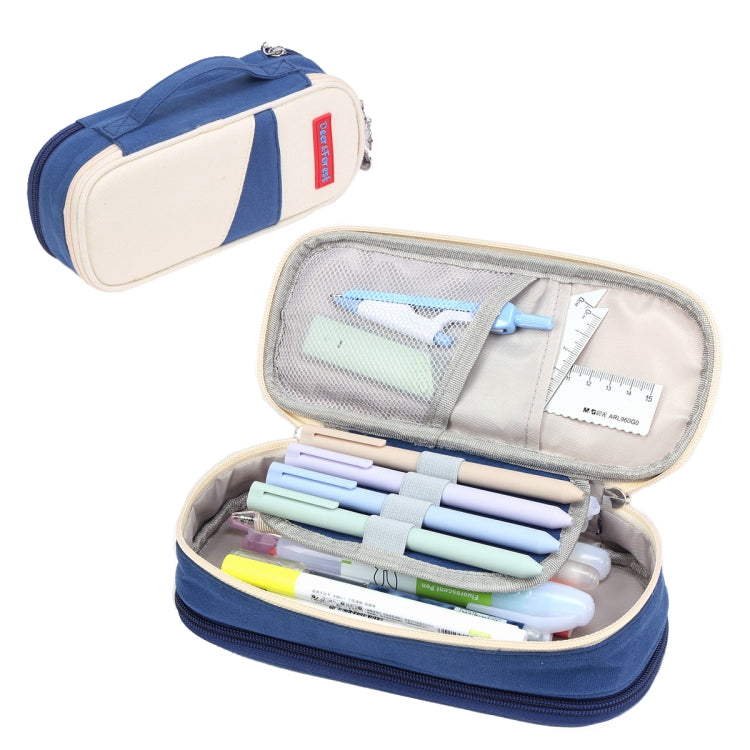 Deer Forest BL-A003 Macaron Trousse à crayons double couche en toile grande capacité Boîte à papeterie (Bleu marine)