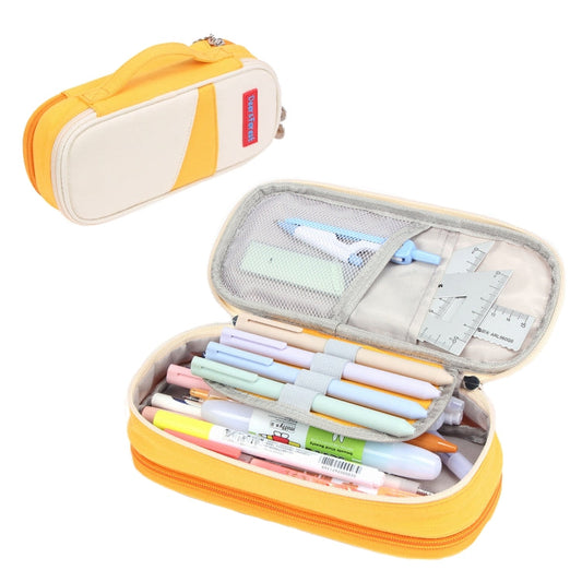 Deer Forest BL-A003 Macaron Grande Trousse à Crayons Double Couche en Toile Grande Capacité Boîte à Papeterie (Orange Jaune)