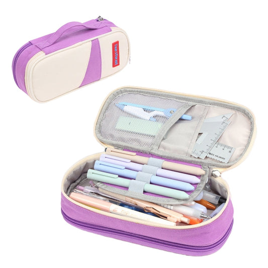 Trousse à crayons double couche grande capacité Deer Forest BL-A003 Macaron en toile (Cyan Violet)