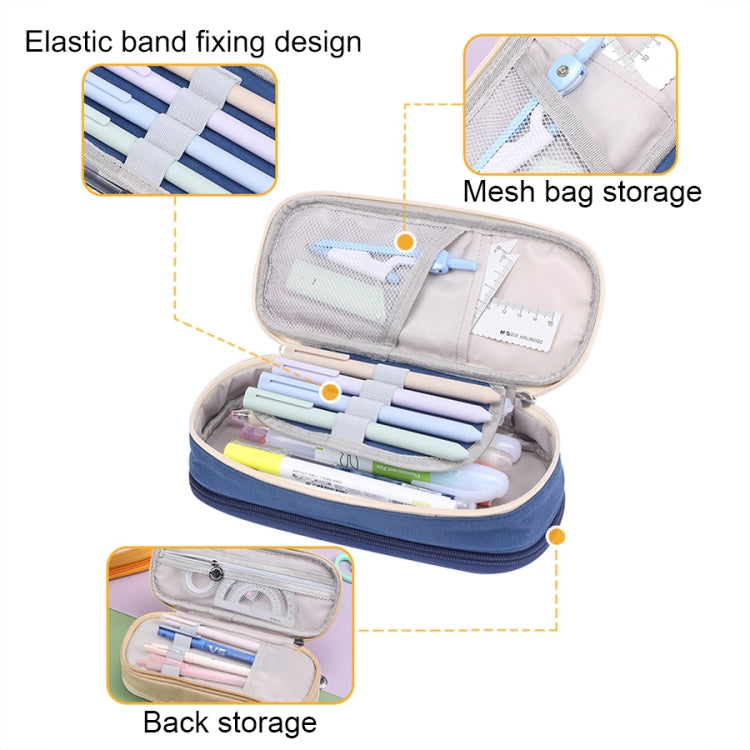 Deer Forest BL-A003 Macaron Trousse à crayons double couche en toile grande capacité Boîte à papeterie (Bleu marine)