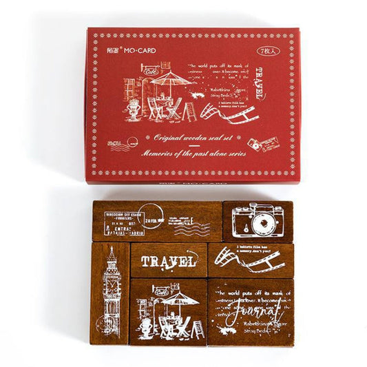 MOCARD 7 In 1 Wooden Stamp Set Handbook DIY Material(Senyu Traveler)