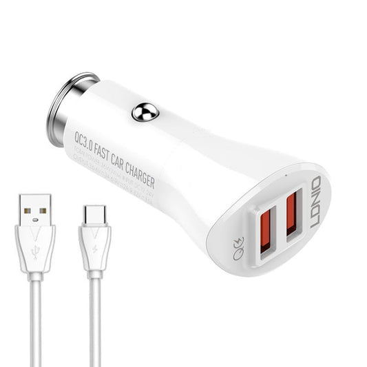 Chargeur de voiture intelligent rapide pour téléphone LDNIO C511Q 36W QC 3.0 à deux ports USB avec câble USB-C/Type-C
