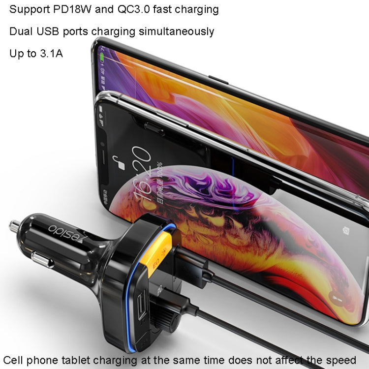 Yesido Y45 Car PD Charger Cigarette Lighter QC Car Charging USB Bluetooth Digital Display FM(Black)