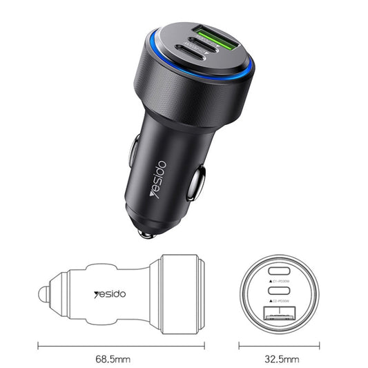 Chargeur rapide USB3.0 de voiture Yesido Y50 30W en alliage d'aluminium avec charge rapide PD (noir)