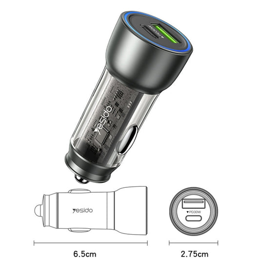 Chargeur Rapide de Voiture USB3.0 Yesido Y49 30W, Charge Rapide PD Translucide (Noir)