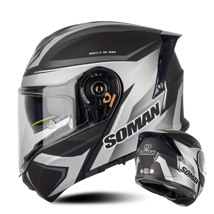 SOMAN Racing Motorcycle Double Lens Riding Safety Helmet, Size: L(Silver Gray Black Vision)