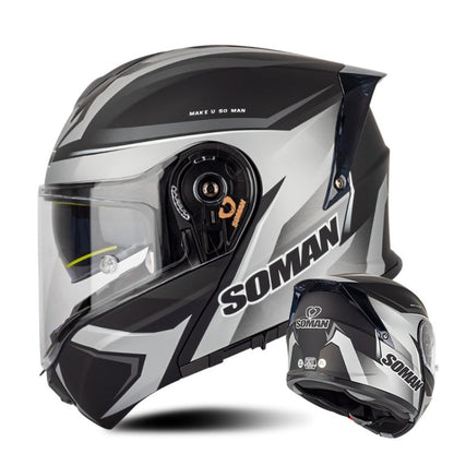 SOMAN Racing Motorcycle Double Lens Riding Safety Helmet, Size: L(Silver Gray Black Vision)