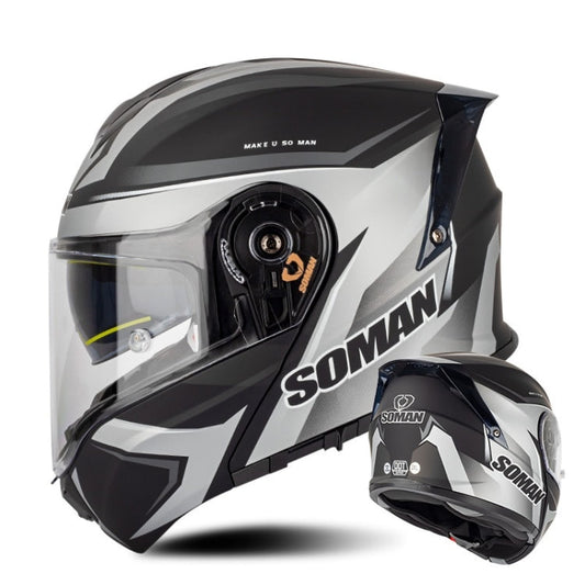 SOMAN Racing Motorcycle Double Lens Riding Safety Helmet, Size: L(Silver Gray Black Vision)