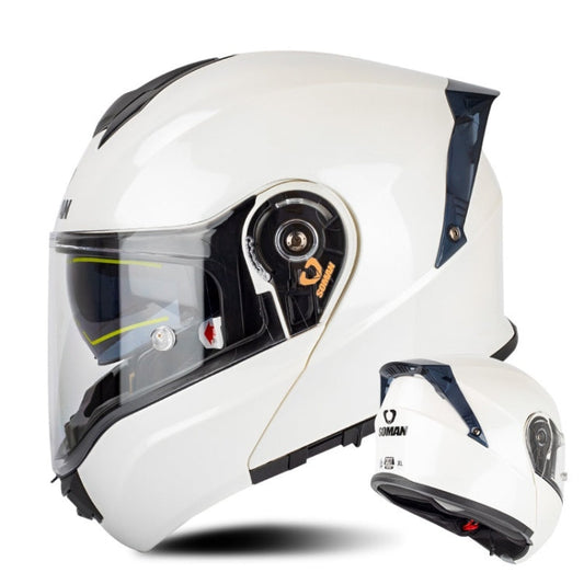 SOMAN Racing Motorcycle Double Lens Riding Safety Helmet, Size: L(Pearl White)