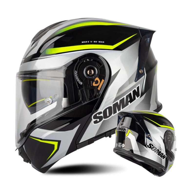 Casque de sécurité de moto SOMAN Racing à double visière, Taille : XXL (Vision gris argenté jaune)