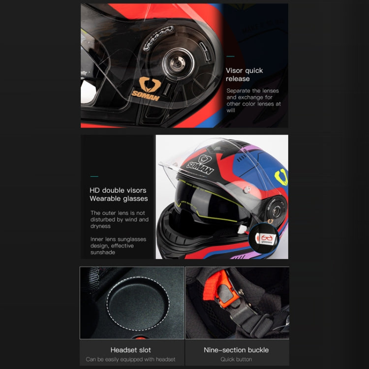 SOMAN Racing Motorcycle Double Lens Riding Safety Helmet, Size: L(Bright Black)