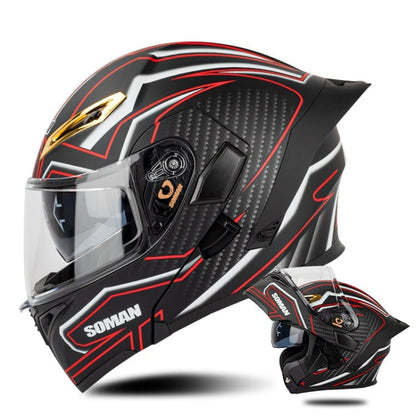 Casque de moto SOMAN à double visière amovible et couverture intégrale, Taille : L (Noir Mat Rouge)