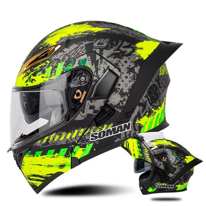 SOMAN Motorcycle Dual Lens Riding Peel-Off Full Coverage Helmet, Size: L(Black Fluorescent Yellow Spark)