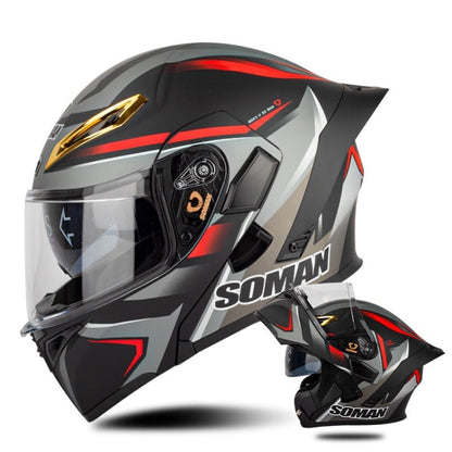 Casque intégral double écran détachable SOMAN pour moto, Taille : XL (Vision Rouge Gris)