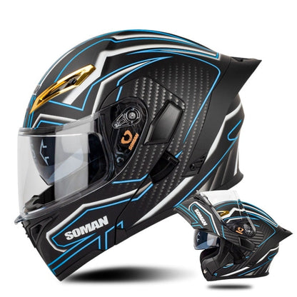 SOMAN Motorcycle Dual Lens Riding Peel-Off Full Coverage Helmet, Size: XXL(Matt Black Blue)