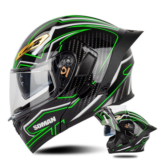 SOMAN Motorcycle Dual Lens Riding Peel-Off Full Coverage Helmet, Size: XXL(Bright Black Green)