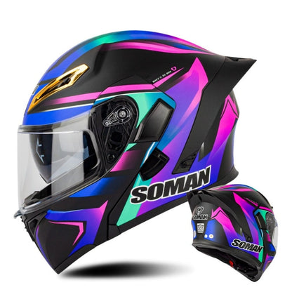 Casque de moto SOMAN à double lentille, détachable, intégral, taille : XXL (Vision Saphir)