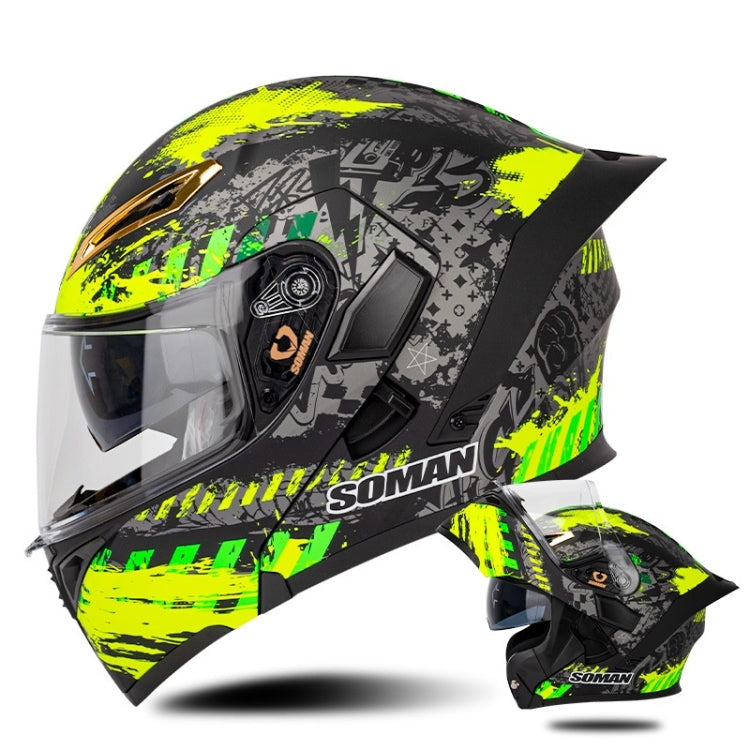 SOMAN Motorcycle Dual Lens Riding Peel-Off Full Coverage Helmet, Size: XXL(Black Fluorescent Yellow Spark)