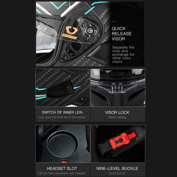 SOMAN Motorcycle Dual Lens Riding Peel-Off Full Coverage Helmet, Size: L(Bright Black)