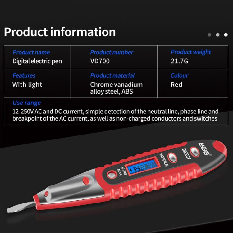 ANENG VD700 2pcs Sound and Light Alarm Non-contact Digital Display Sensor Multi-function Test Pen(Black Red)