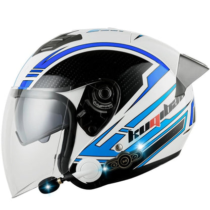 KUQIBAO Motorcycle Smart Bluetooth Sun Protection Double Lens Safety Helmet, Size: XL(White Phantom Fiber+Gray Tail)