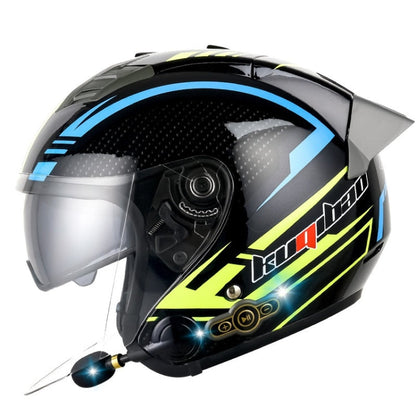 KUQIBAO Motorcycle Smart Bluetooth Sun Protection Double Lens Safety Helmet, Size: XXL(Bright Black Phantom Fiber+Gray Tail)