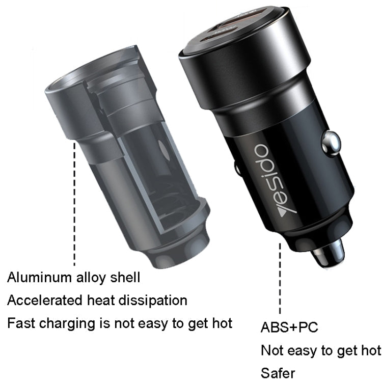 Yesido Y55 With Double Type-C/USB-C Port Line Car Charger QC3.0+PD30W Type-C/USB-C+USB Dual Port Quick Charge(Black)