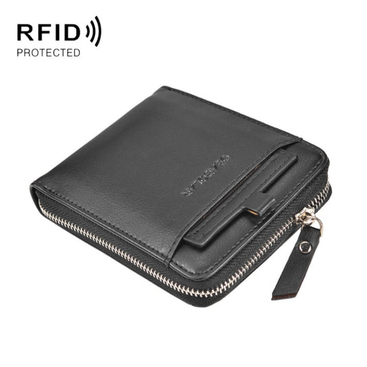 DEABOLAR Men Short Type PU Wallet Retro Zipper RFID Antimagnetic Card Holder(Black)