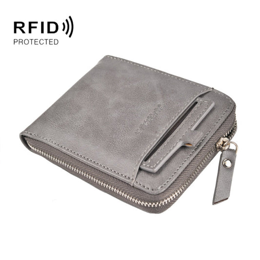 DEABOLAR Men Short Type PU Wallet Retro Zipper RFID Antimagnetic Card Holder(Grey)