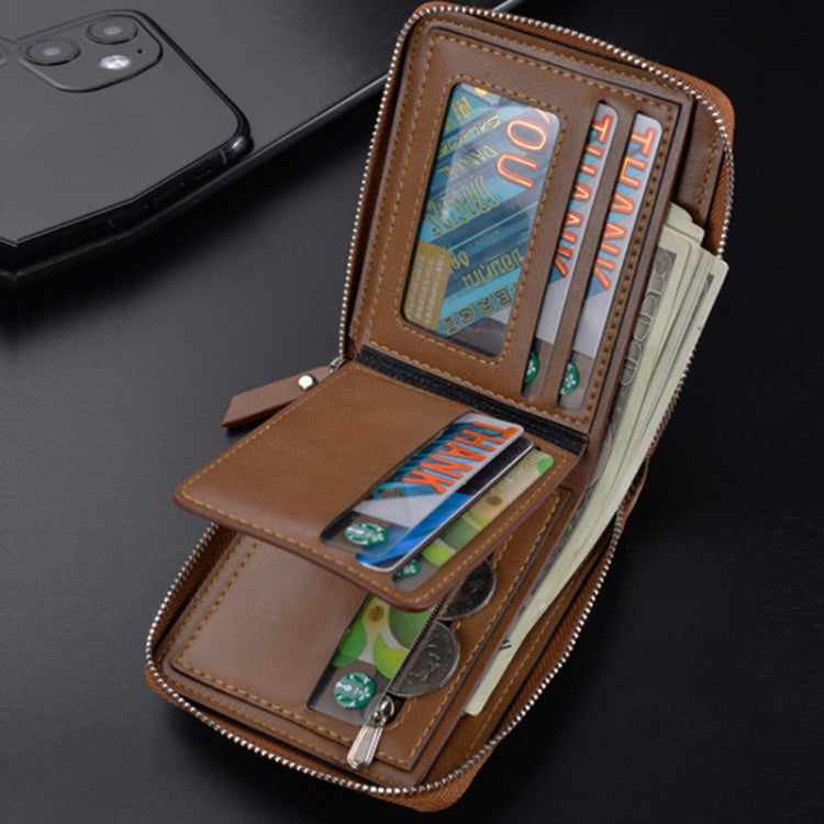 DEABOLAR Men Short Type PU Wallet Retro Zipper RFID Antimagnetic Card Holder(Dark Coffee)