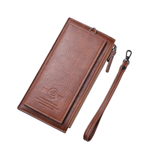 DEABOLAR Grand portefeuille homme rétro en cuir PU souple avec dragonne, pochette pour téléphone portable (marron)