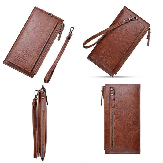 DEABOLAR Grand portefeuille homme rétro en cuir PU souple avec dragonne, pochette pour téléphone portable (marron)