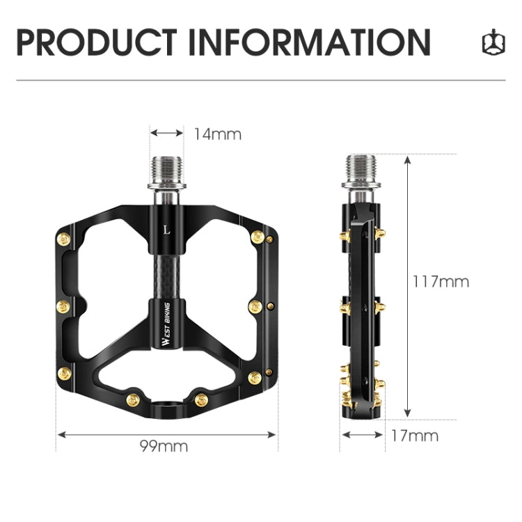 WEST BIKING 3 Bearings Ultralight Carbon Fiber Bushing Mountain Bike Pedal(Black)