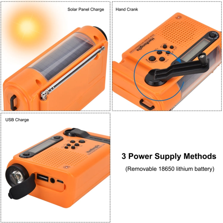 Radio d'avertissement météo NOAA HanRongda HRD-900 à manivelle solaire avec éclairage LED (Orange)