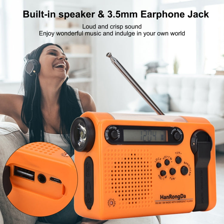 Radio d'avertissement météo NOAA HanRongda HRD-900 à manivelle solaire avec éclairage LED (Orange)