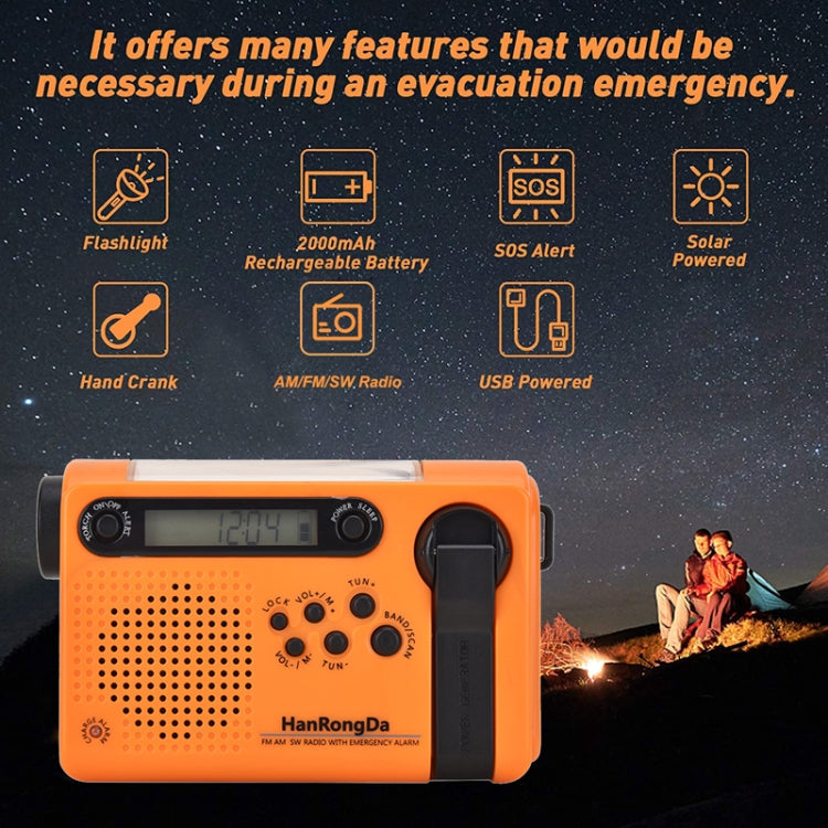 Radio d'avertissement météo NOAA HanRongda HRD-900 à manivelle solaire avec éclairage LED (Orange)