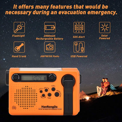 Radio d'avertissement météo NOAA HanRongda HRD-900 à manivelle solaire avec éclairage LED (Orange)