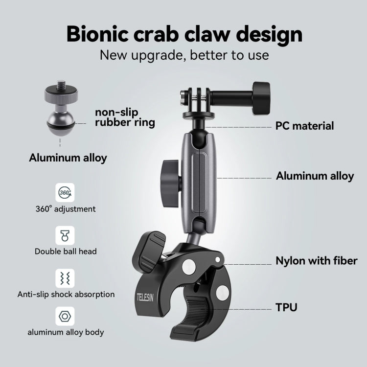 TELESIN  Aluminum Alloy Crab Claw Handlebar Tube Clamp For Sports Camera Mobile Phones