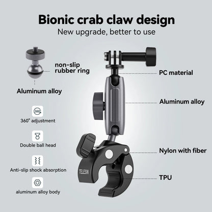 TELESIN  Aluminum Alloy Crab Claw Handlebar Tube Clamp For Sports Camera Mobile Phones