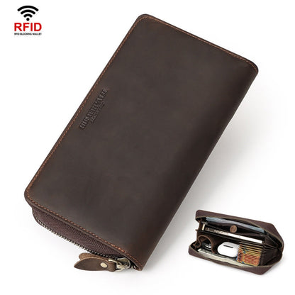 HUMERPAUL RFID Rétro Fermeture Éclair Multi-Cartes Portefeuille Long en Cuir pour Hommes (Café)