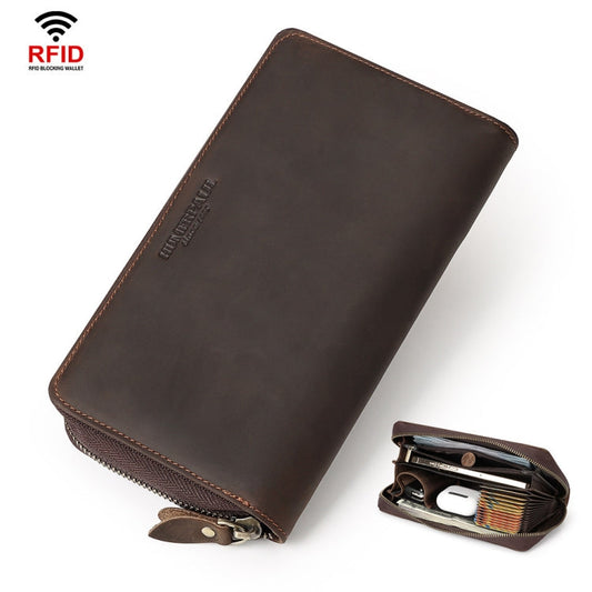 HUMERPAUL RFID Retro Zipper Multi -Card Leather Men Long Wallet Handbag(Coffee)