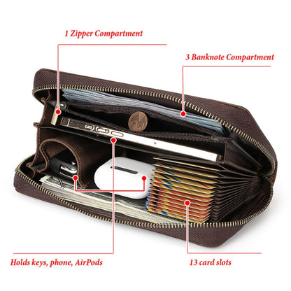 HUMERPAUL RFID Rétro Fermeture Éclair Multi-Cartes Portefeuille Long en Cuir pour Hommes (Café)