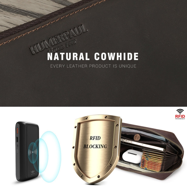 HUMERPAUL RFID Rétro Fermeture Éclair Multi-Cartes Portefeuille Long en Cuir pour Hommes (Café)
