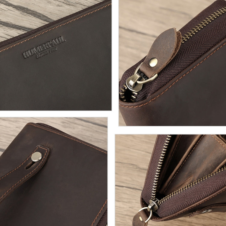 HUMERPAUL RFID Rétro Fermeture Éclair Multi-Cartes Portefeuille Long en Cuir pour Hommes (Café)