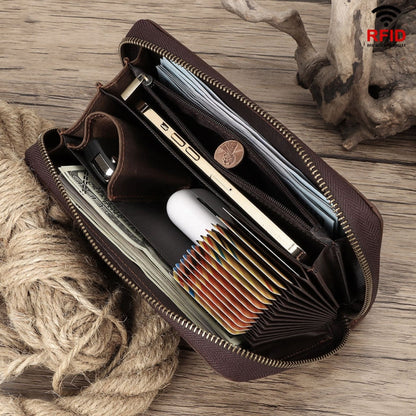 HUMERPAUL RFID Rétro Fermeture Éclair Multi-Cartes Portefeuille Long en Cuir pour Hommes (Café)