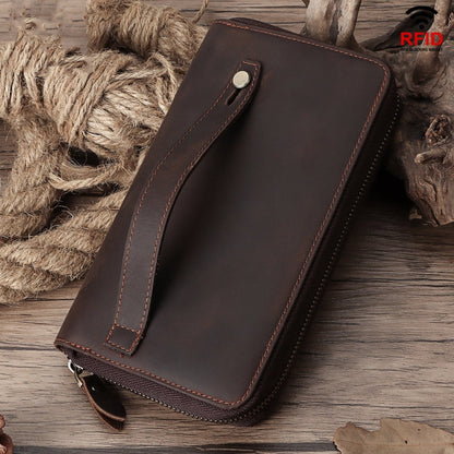 HUMERPAUL RFID Rétro Fermeture Éclair Multi-Cartes Portefeuille Long en Cuir pour Hommes (Café)