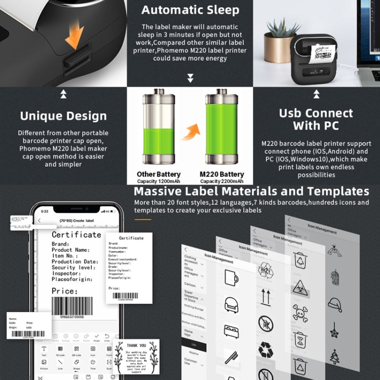 Phomemo M220 Jewelry Clothing Tags Bluetooth Thermist Strip Tag Printer(Black)