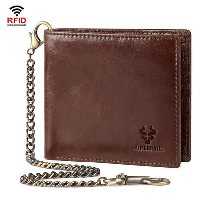 HUMERPAUL RFID Anti-Magnetic Men Pickup Card Bag Metal Chain Short Leather Wallet, Color: Coffee