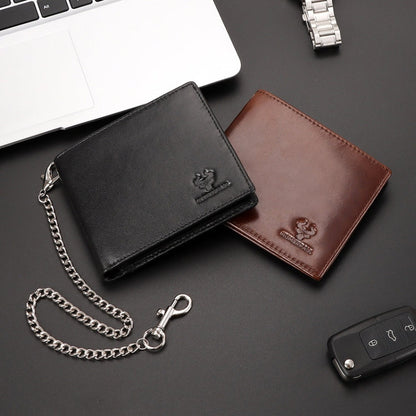 HUMERPAUL RFID Anti-Magnetic Men Pickup Card Bag Metal Chain Short Leather Wallet, Color: Coffee