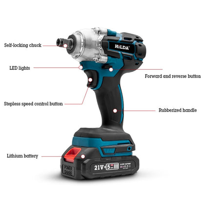 HILDA Motorized Wrenches Lithium Repair Parts With 22mm Socket, EU Plug, Model: Blue With 2 Battery+1 Charger(1500mAh)